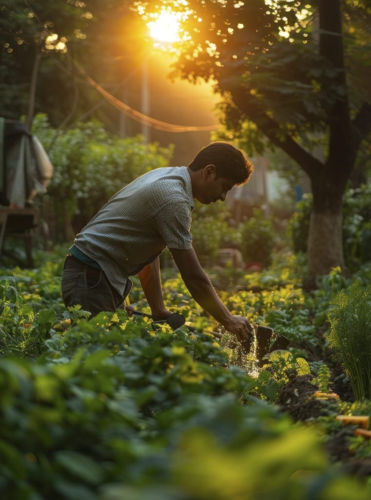 A young South Asian man tends to the garden, watering plants and weeding beds. The scene is captured at sunset, with golden light bathing the greenery. --ar 2:3 --stylize 200 Job ID: fdb5bc7f-02ad-4116-ae15-ca499f2fe1d5